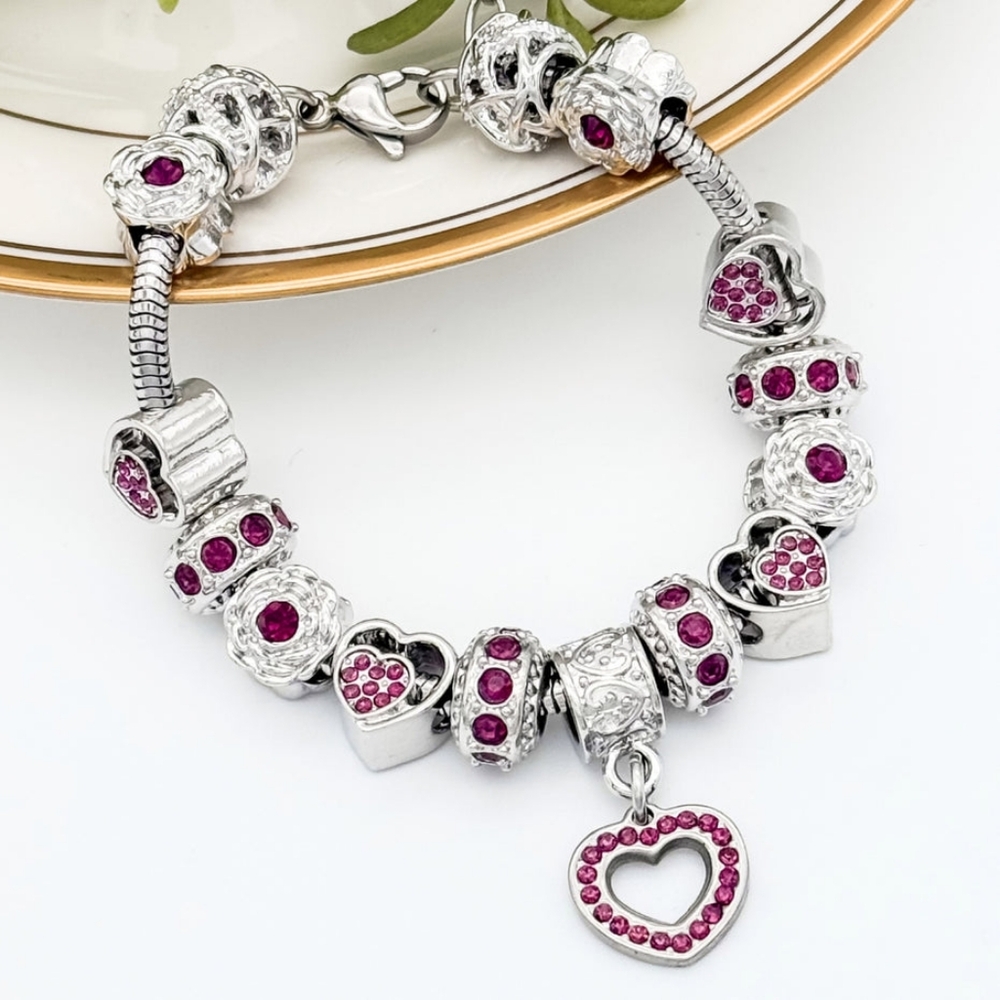 Birthstone bracelet silver tone with charms amethyst dark pink February October - Picture 1 of 10